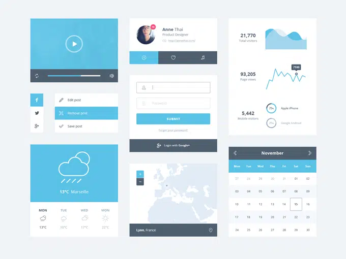 Exemplo de interface Flat Design com widgets minimalistas em tons de azul e cinza